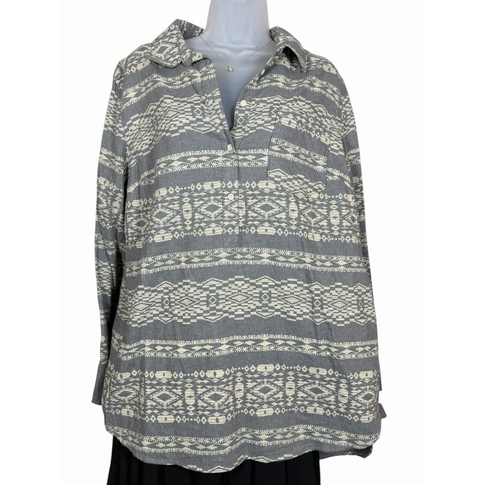 Merona Southwestern Aztec Print Cotton Popover Shirt Gray Cream Long Sleeve XXL